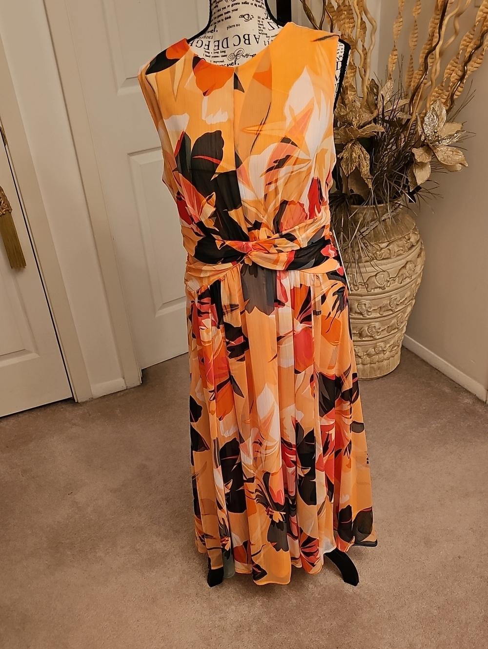 Calvin Klein Orange Floral Twist-Waist Maxi Dress